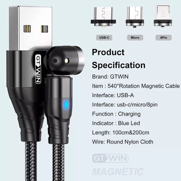 Magnetic USB Cable 540 Degree Rotate & 3.0 Adapter - Picture 3 of 14